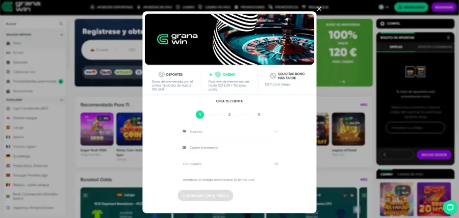 Formulario de registro en Granawin Casino.