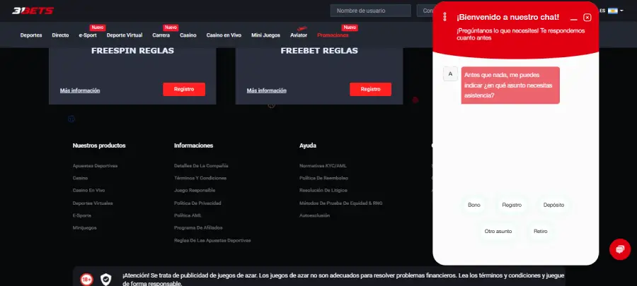 Chat en vivo de 31Bets Casino.