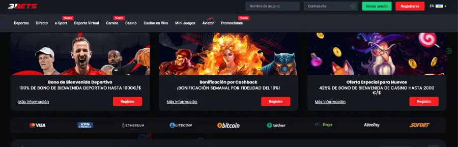 Las tarjetas de débito Visa y Mastercard son los principales medios de pago en 31Bets. 