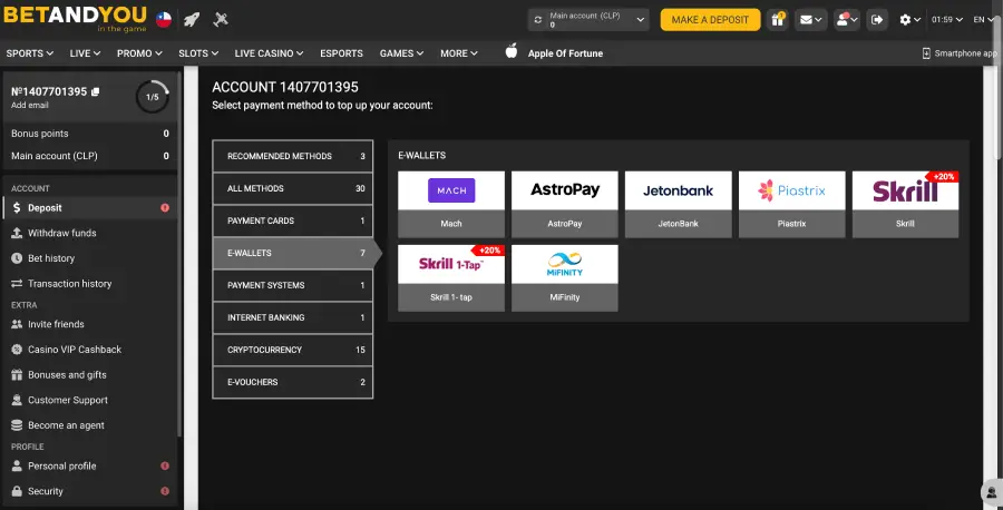 BetAndYou es un casino con Skrill. 