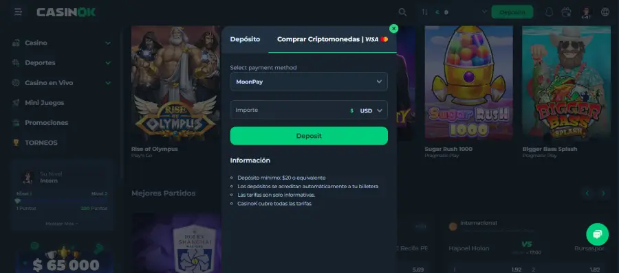 CasinOK es un criptocasino en el que puedes depositar con tarjeta de débito.