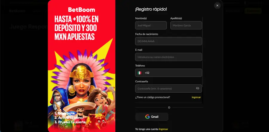 Formulario de registro de BetBoom Casino.