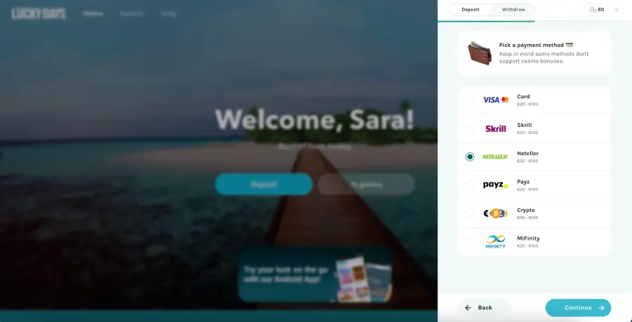 Lucky Days tiene depósitos y retiros con Neteller.