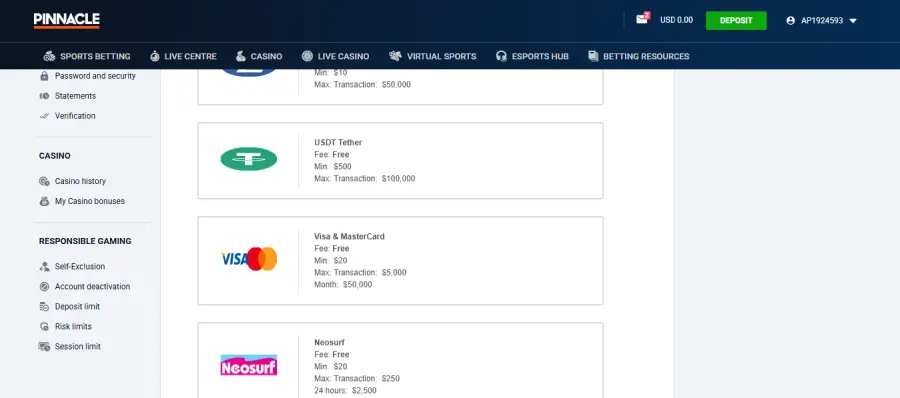 Pinnacle es uno de los casinos online que acepta tarjeta de débito más rápidos del mercado.