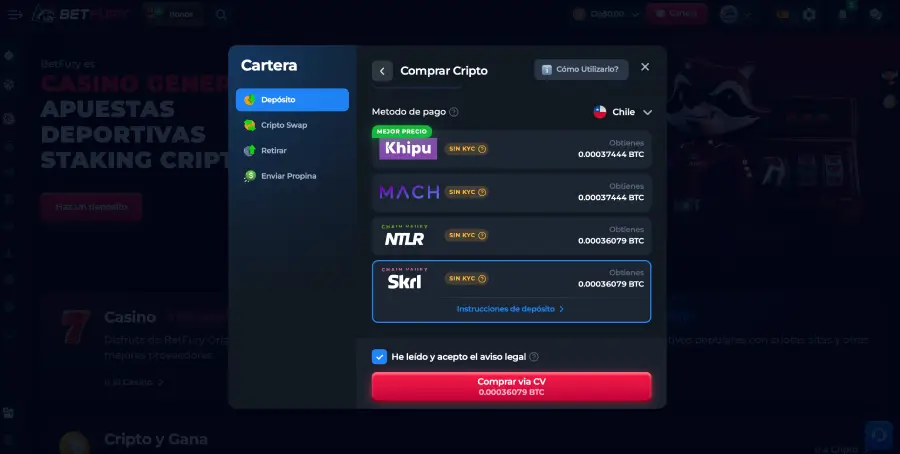 Betfury es un casino en línea que acepta Skrill. 