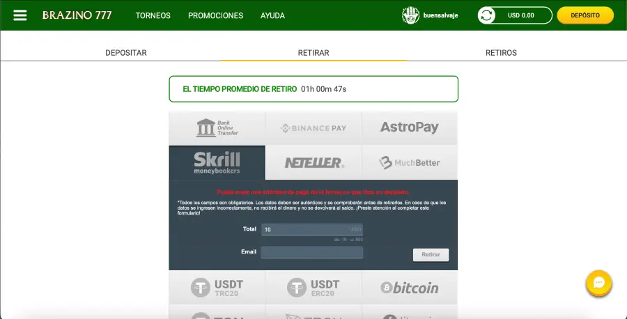 Brazino777, un casino en línea legal con Skrill. 