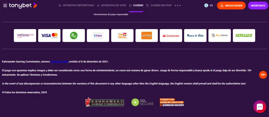 Tonybet es un casino en línea que acepta tarjetas de débito. 