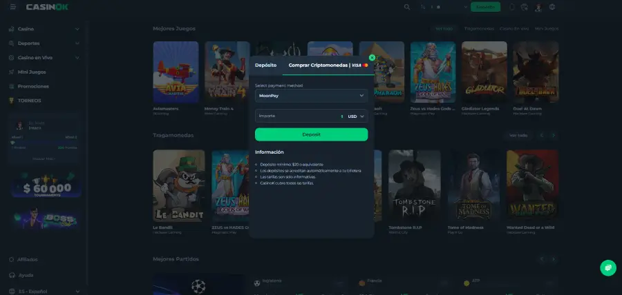 CasinOK usa MoonPay para comprar criptomonedas pagando con Apple Pay.
