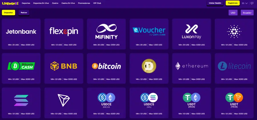 Métodos de depósito en Livewinz.