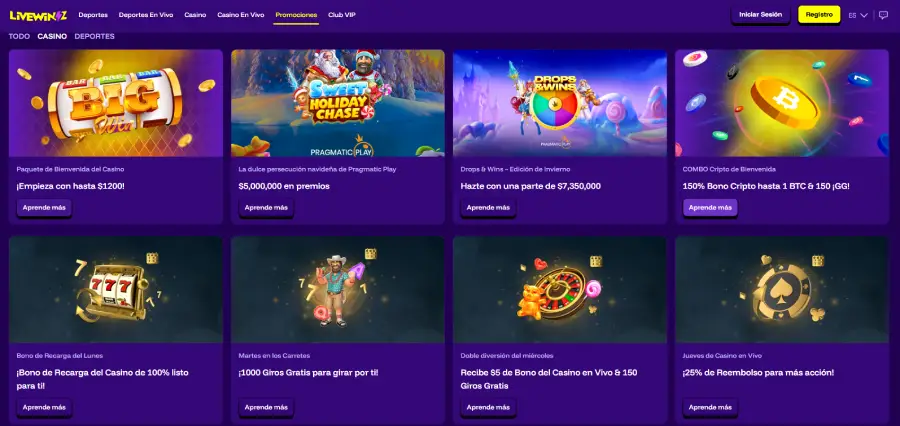 Sección de promociones activas de Livewinz.