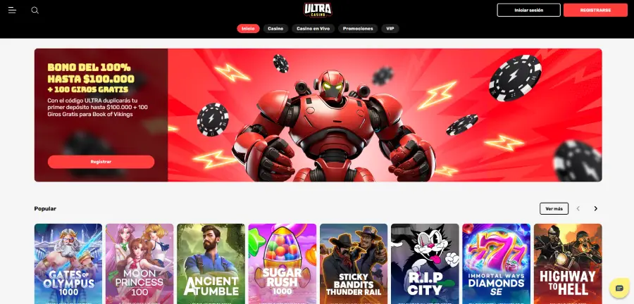 Página de inicio de Ultra Casino con su bono de bienvenida y juegos populares.