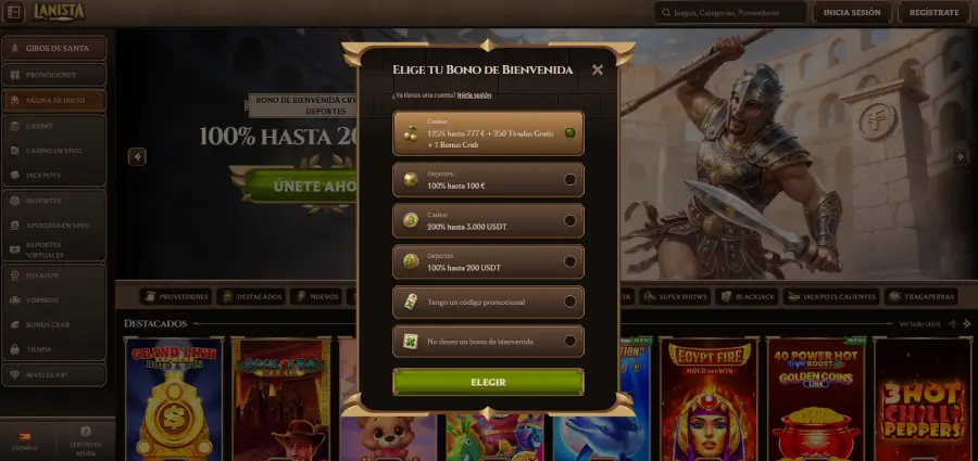 Opciones de bonos de bienvenida en el casino Lanista.