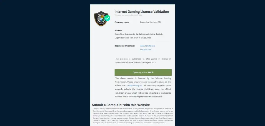 Licencia de operación de Lanista Casino emitida por Tobique Gaming Commission.