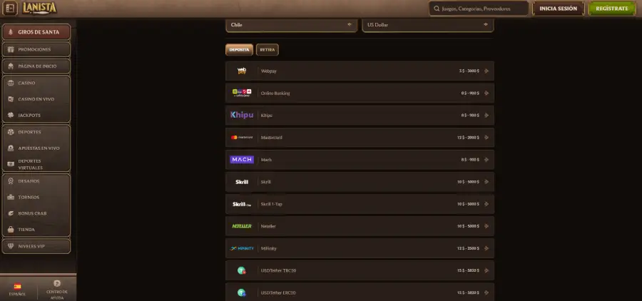 Algunos métodos de pago de Lanista Casino.