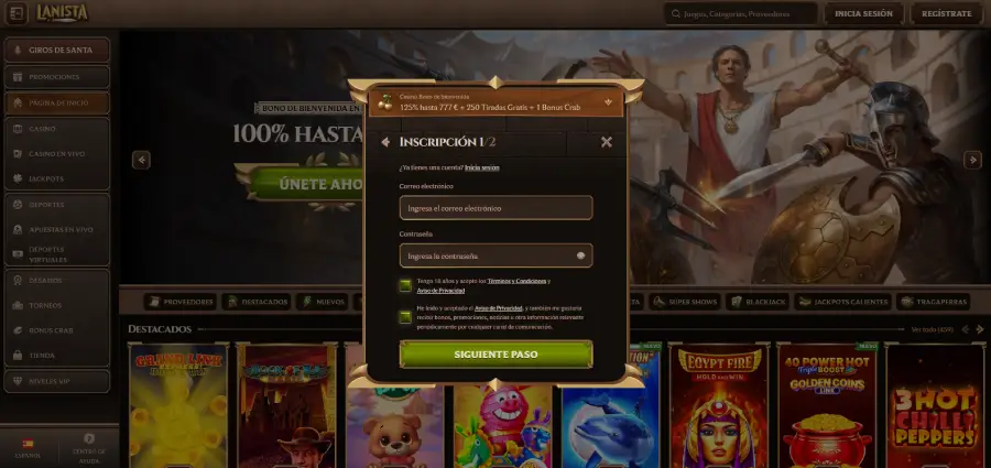 Formulario para crear una cuenta nueva en Lanista Casino.