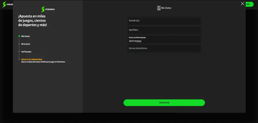 Formulario de registro en Strendus.