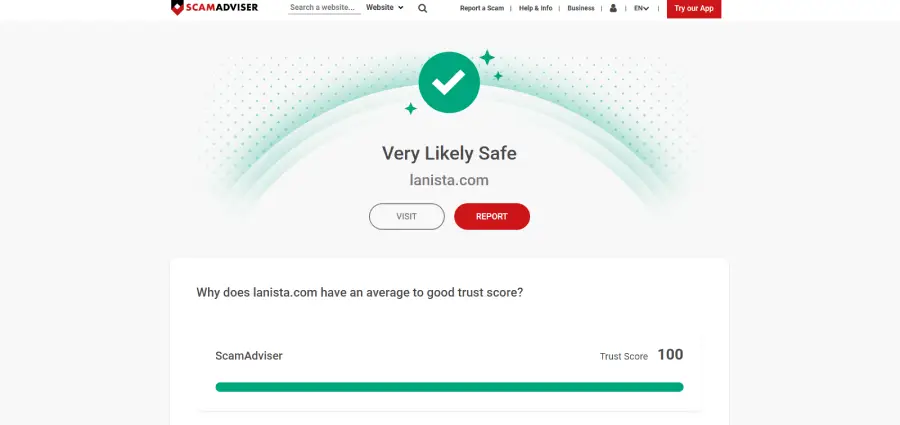 La web de Lanista tiene el máximo puntaje de confianza, según ScamAdviser.