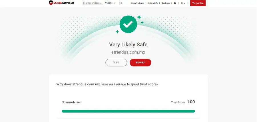 Strendus tiene el puntaje máximo de confianza en ScamAdviser.