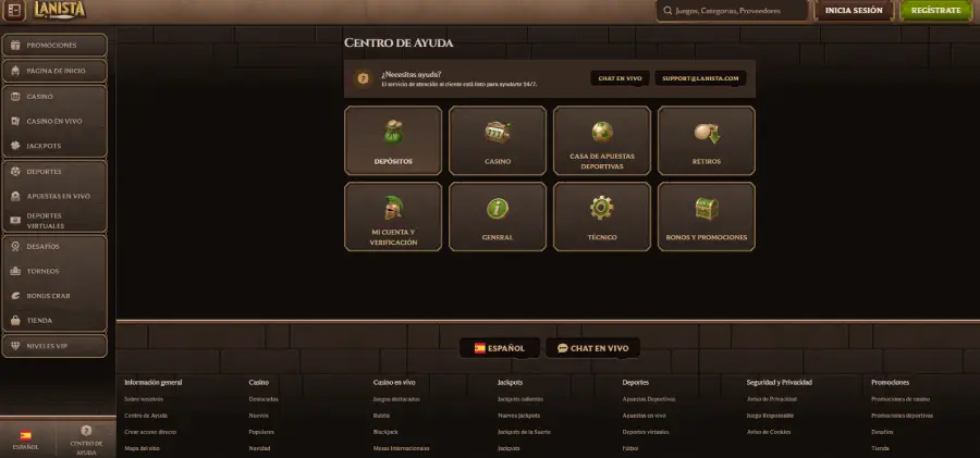 Sección de soporte de Lanista Casino.