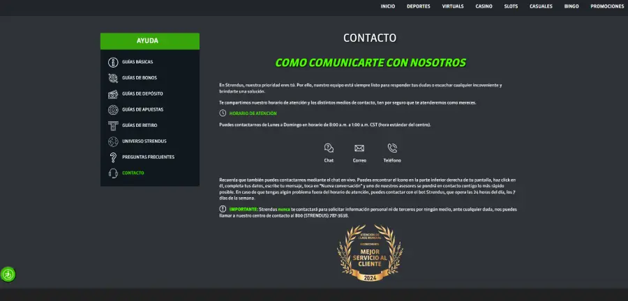 Medios de contacto de Strendus Casino.