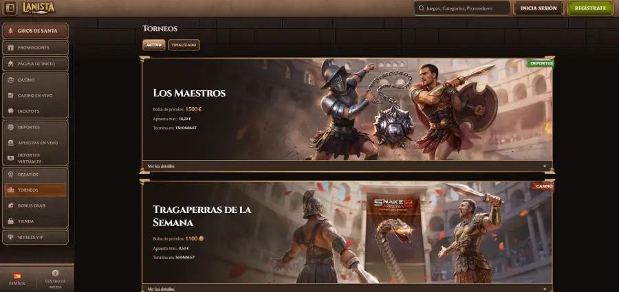 Sección de torneos activos en Lanista Casino.