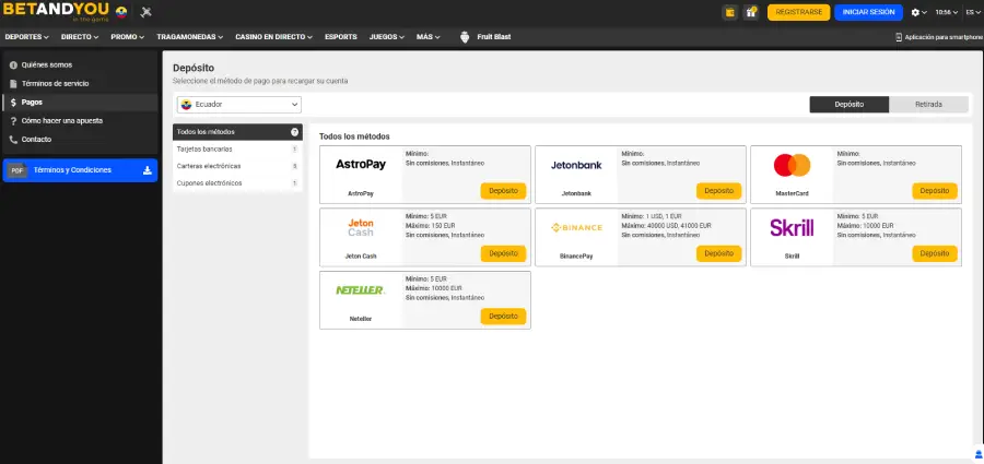 En BetAndYou los pagos criptos se procesan por medio de Binance Pay.