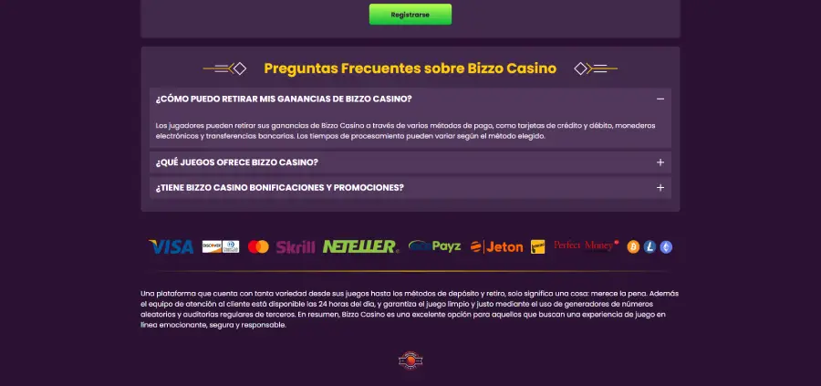 Bizzo Casino destaca por su combinación de medios tradicionales y pagos con criptos.