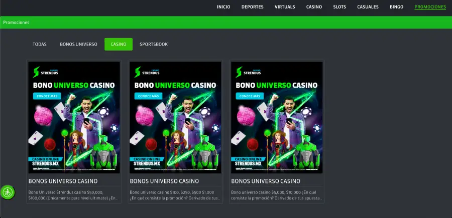 Sección de promociones de Strendus Casino.