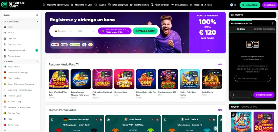 Granawin es otro casino tradicional que incluye pagos modernos con activos digitales.