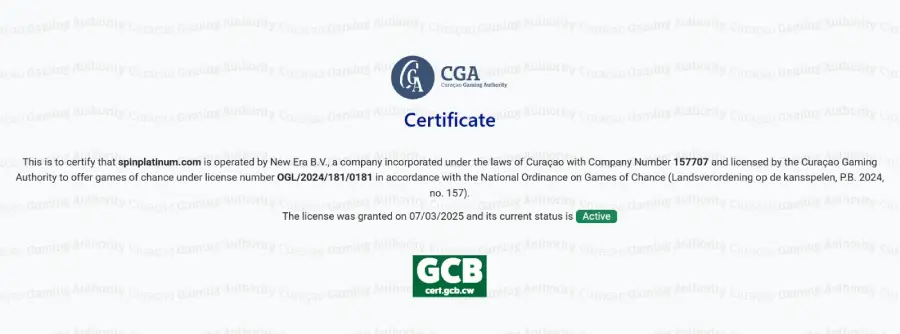 Licencia de Spin Platinum emitida por la Curaçao Gaming Control Board.