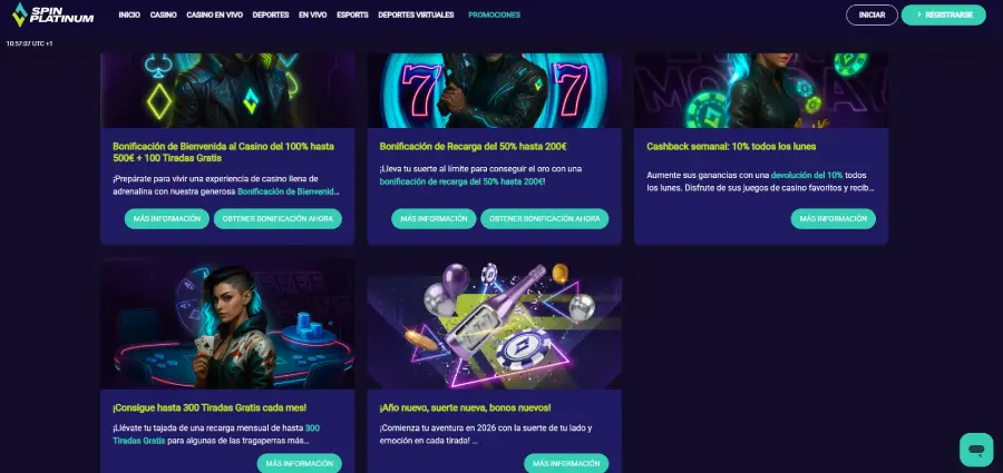 Sección de promociones en Spin Platinum.