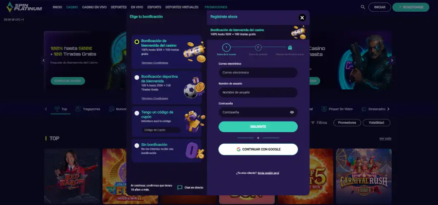 Formulario de registro en Spin Platinum Casino.