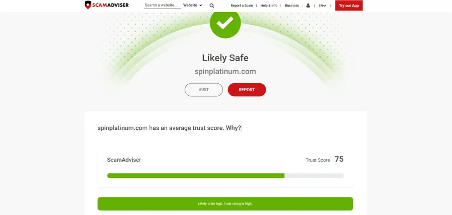 Puntaje de legitimidad de Spin Platinum según ScamAdviser.