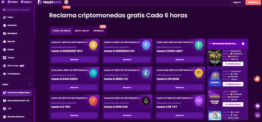 TrustDice destaca por su función de grifo de criptomonedas.