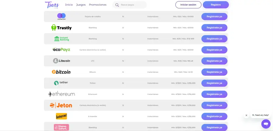 Lista de criptomonedas aceptadas en Tsars Casino.