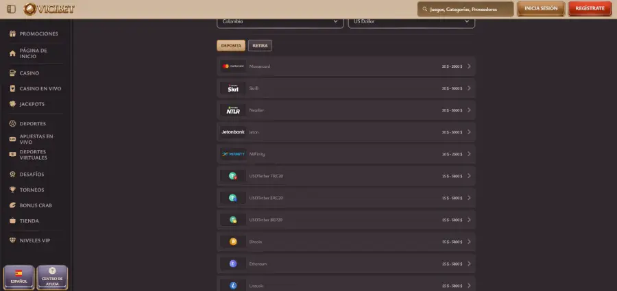 Cajero virtual con criptomonedas en Vicibet.