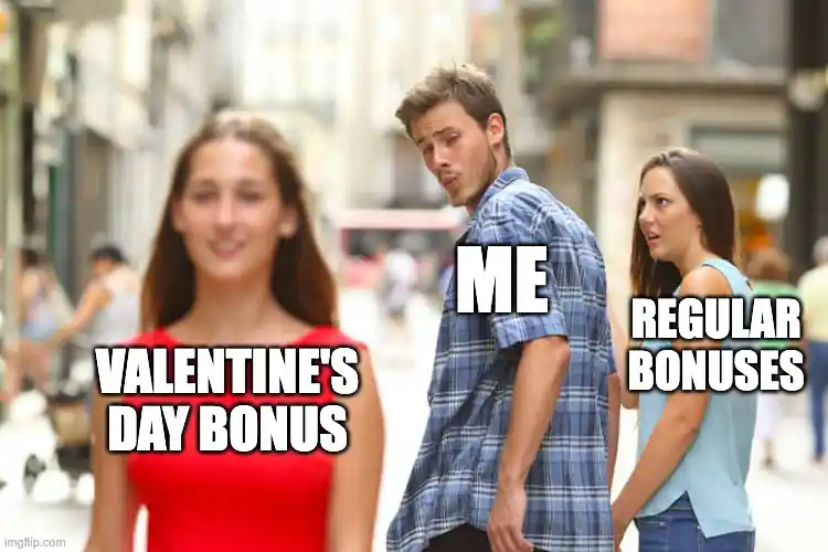 La imagen muestra un meme sobre los bonos de San Valentín en casinos en línea. 
