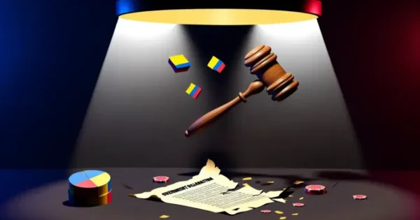 La imagen muestra un mazo de juez suspendido sobre un documento de decreto agrietado con fichas de casino dispersas, que representa la suspensión del IVA al juego online por parte de la Corte Constitucional de Colombia.