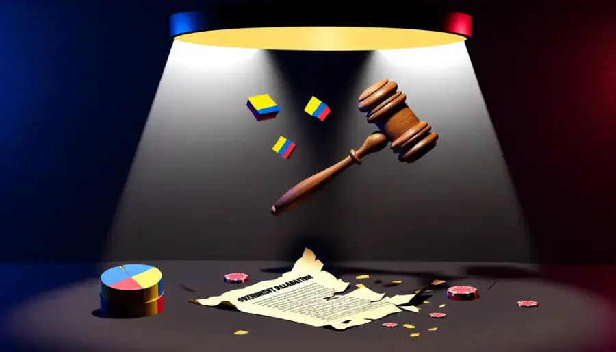 La imagen muestra un mazo de juez suspendido sobre un documento de decreto agrietado con fichas de casino dispersas, que representa la suspensión del IVA al juego online por parte de la Corte Constitucional de Colombia.