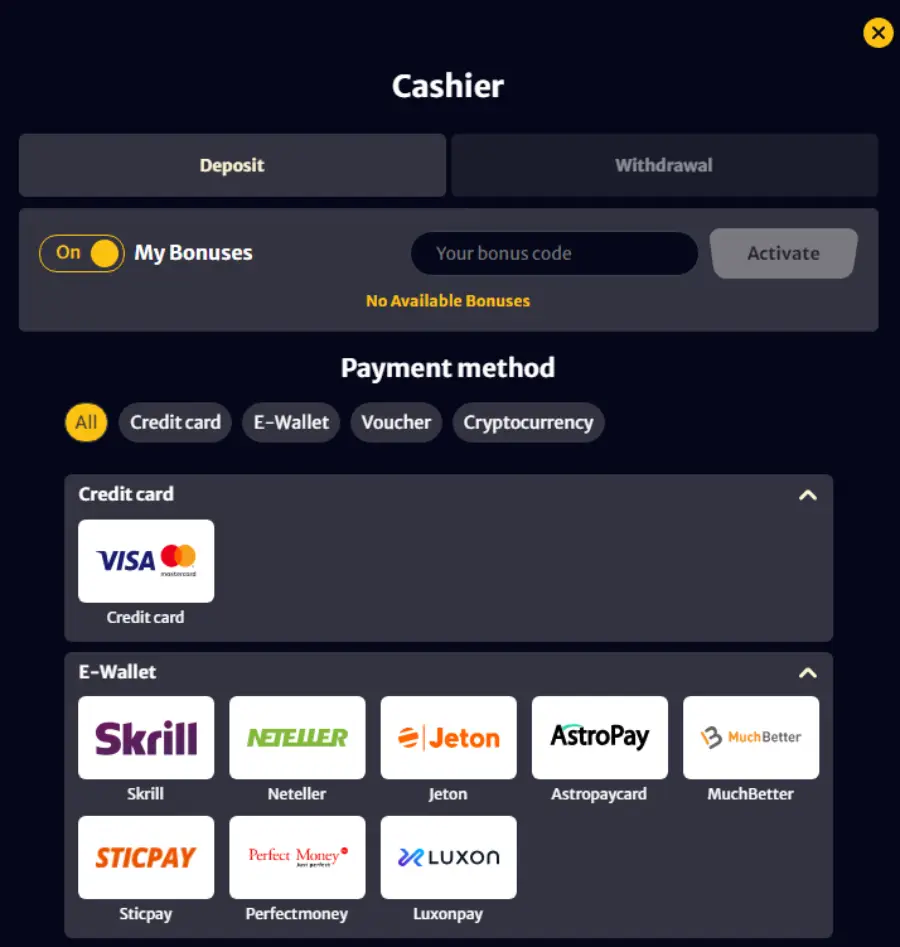 La imagen muestra a Visa entre las opciones de pago de Hell Spin.