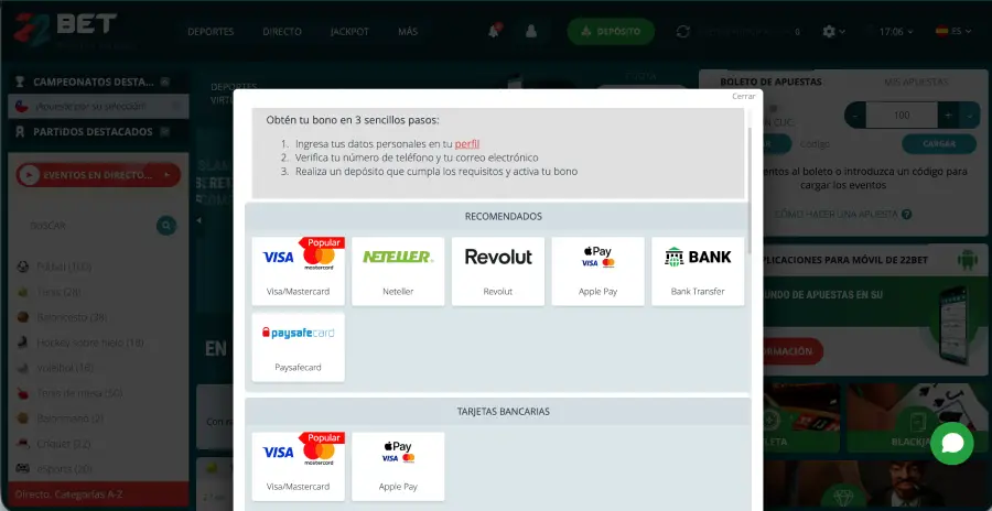 22Bet acepta depósitos y retiros con Mastercard. 